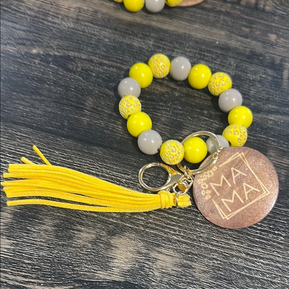 Mama Wooden Beaded Bracelet Keychain with Tassel & Thick Charm Yellow